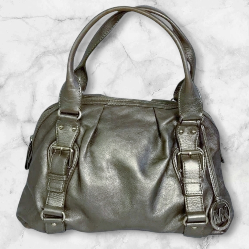 Michael Kors Fulton Metallic Dark Grey Leather Top Handle Bowler Bag Pur… - Picture 2 of 16